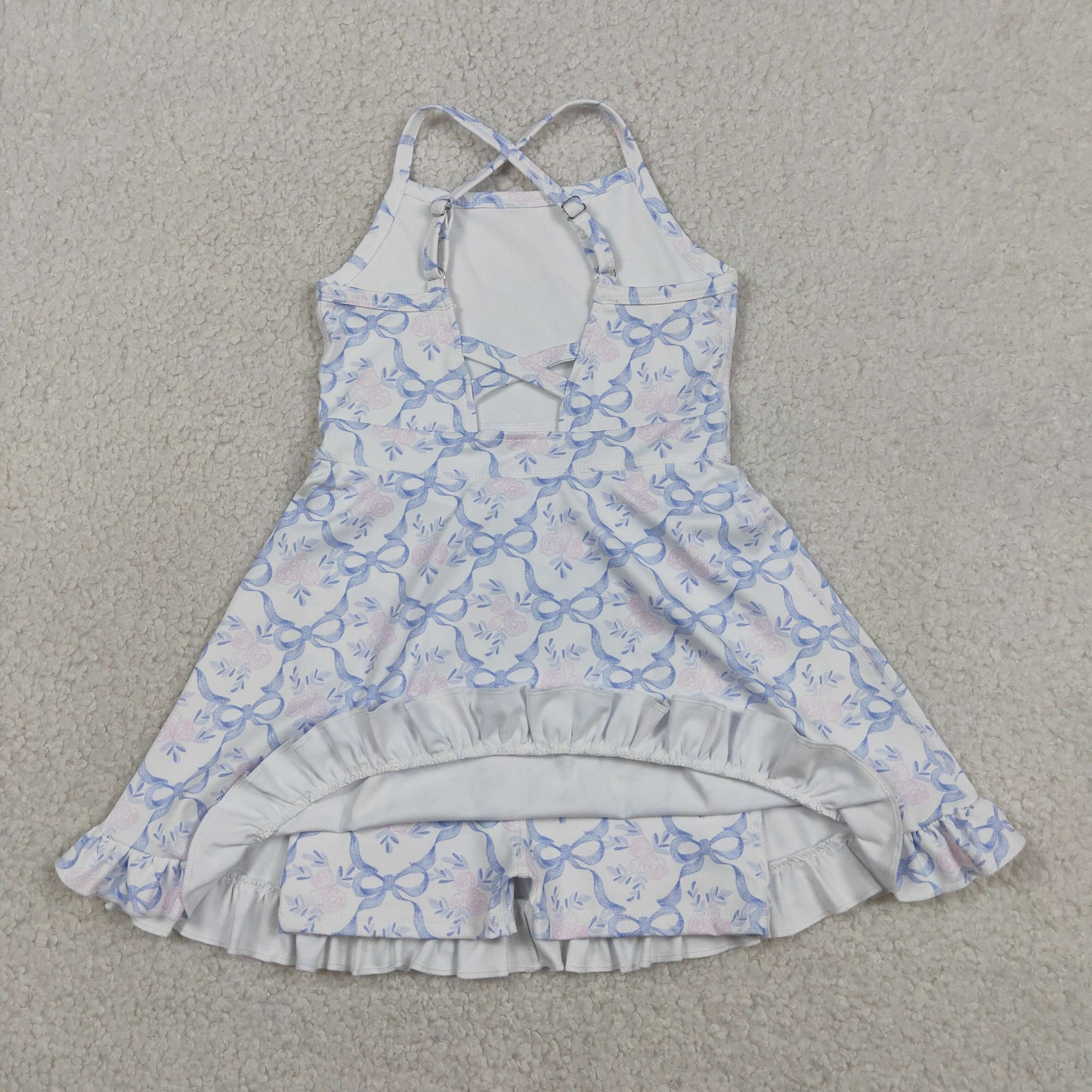 GSD2580 RTS NO MOQ （In stock ）Straps blue bows floral ruffle kids girls athletic dresses