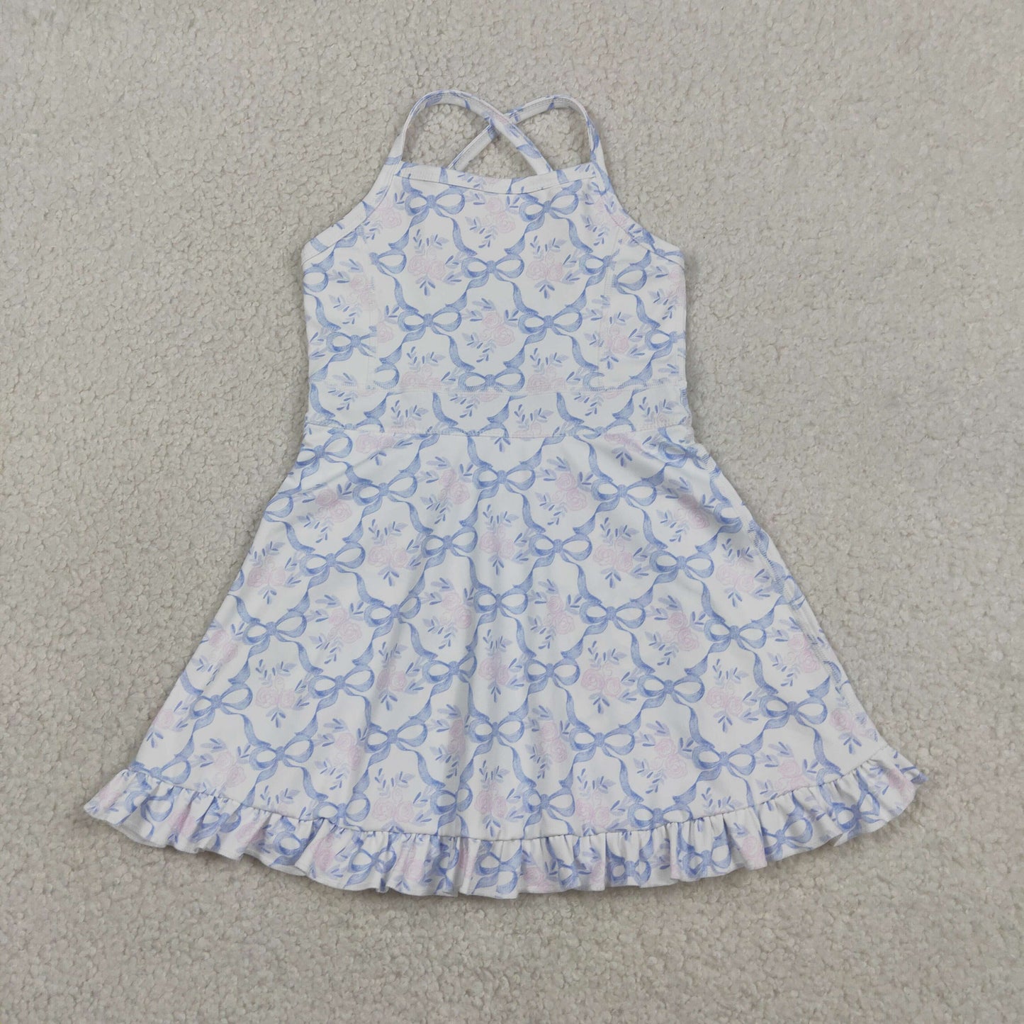 GSD2580 RTS NO MOQ （In stock ）Straps blue bows floral ruffle kids girls athletic dresses