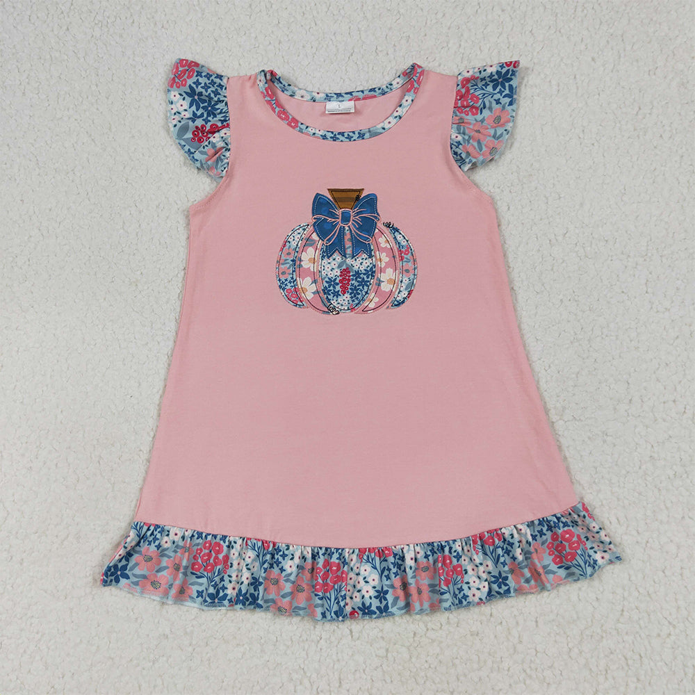 8.15 RTS NO MOQ （In stock） GSD2585 Baby Girls Summer Dress Baby Girls Pink Flutter Sleeves Floral Pumpkin Ruffle Knee Length Dresses