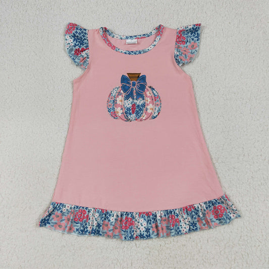 8.15 RTS NO MOQ （In stock） GSD2585 Baby Girls Summer Dress Baby Girls Pink Flutter Sleeves Floral Pumpkin Ruffle Knee Length Dresses