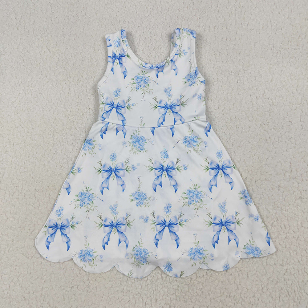 7.10 GSD2587RTS NO MOQ Baby Girls Summer Yoga Dress Baby Girls Blue Bows Floral Activity Wear Yoga Short Skort Knee Length Dresses