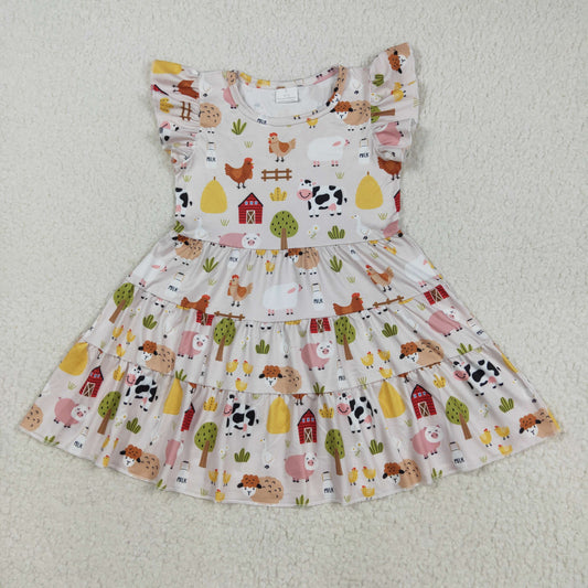 8.20 RTS NO MOQ （In stock）GSD2595 Baby Girls Summer Dress Baby Girls Flutter Sleeves Cows Chicks Farm Knee Length Dresses
