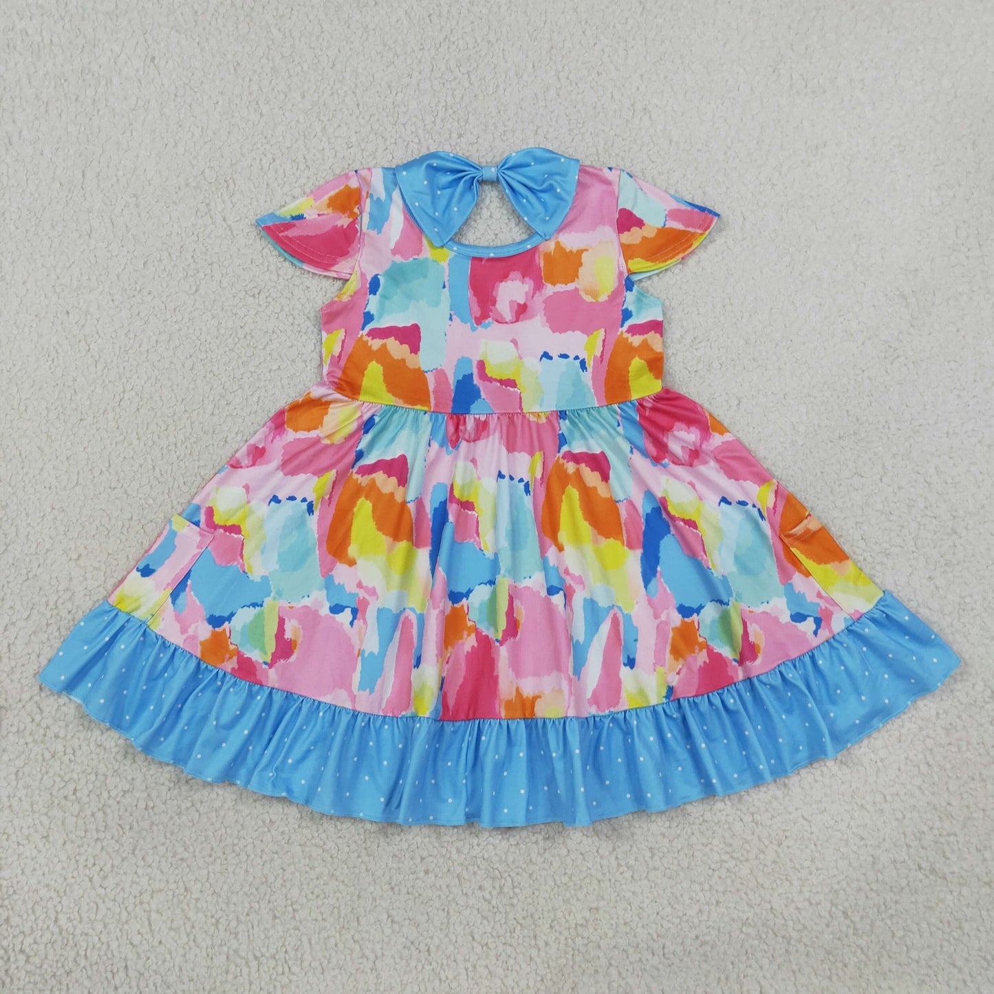 RTS NO MOQ （In stock）milk silk GSD2610 Baby Girls Cute Short Sleeve Watercolor Camo Print Ruffle Trim Pocket Knee Length Dress