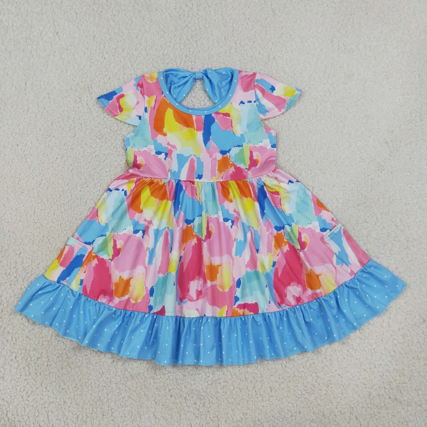 RTS NO MOQ （In stock）milk silk GSD2610 Baby Girls Cute Short Sleeve Watercolor Camo Print Ruffle Trim Pocket Knee Length Dress