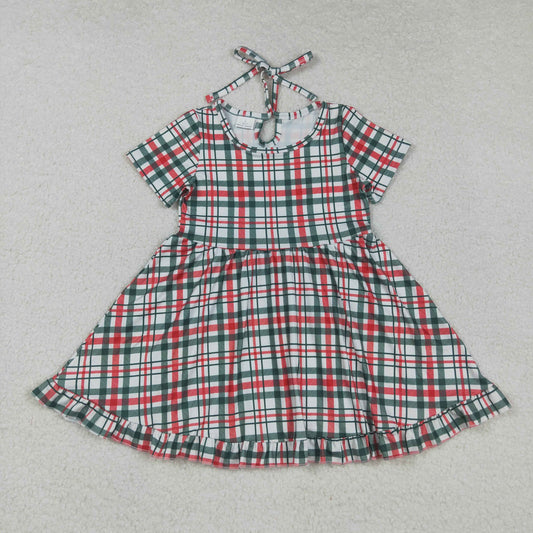 RTS NO MOQ （In stock）GSD2613 Baby Girls Summer Dress Baby Girls Red Green Checked Christmas Ruffle Knee Length Dresses