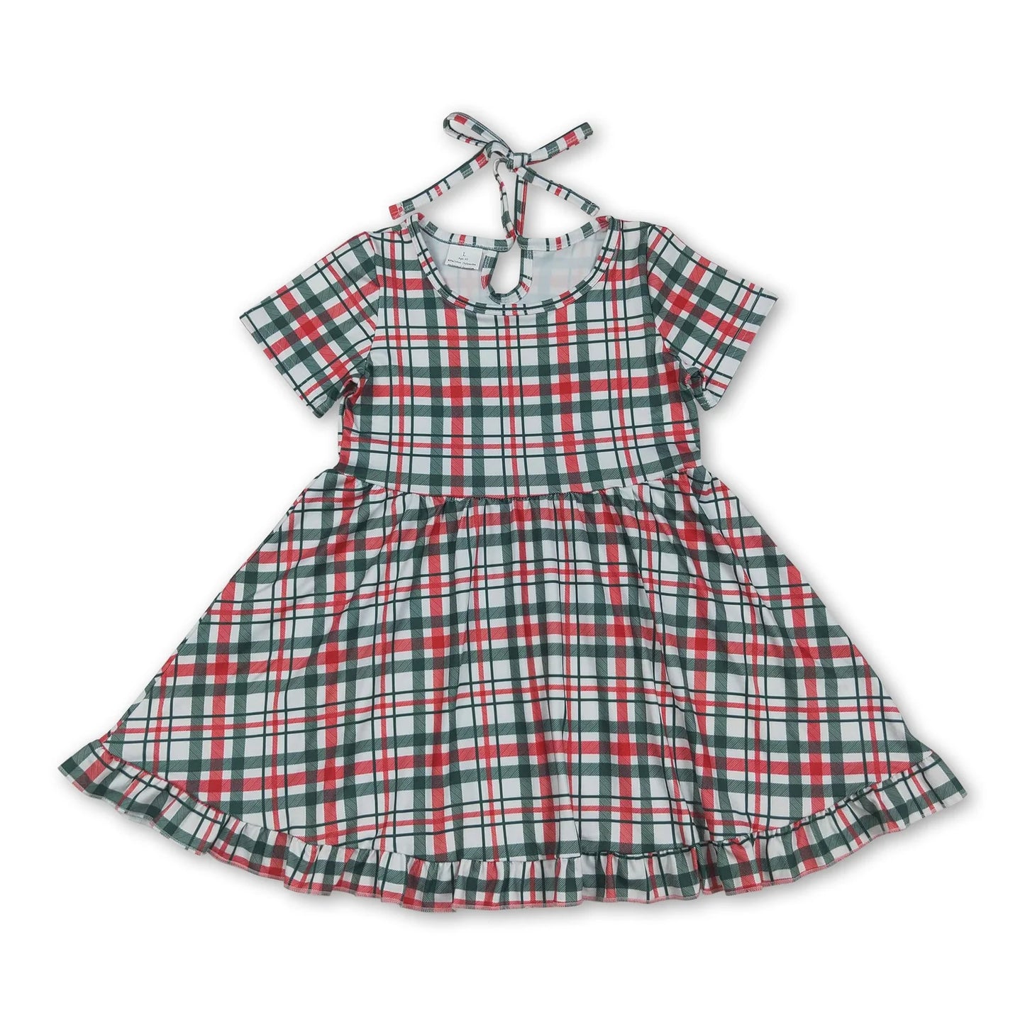 10.13 RTS Sibling Baby Girls Green Red Checked Christmas Knee Length Dresses