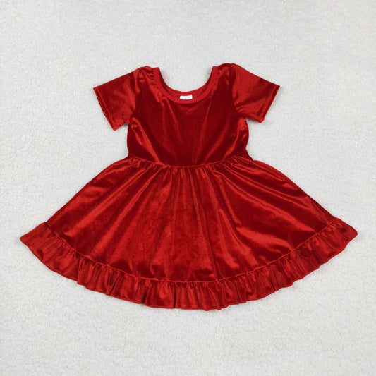 RTS NO MOQ （In stock）GSD2614 Baby Girls Dress Baby Girls Short Sleeves Red Velvet Ruffle Knee Length Dresses