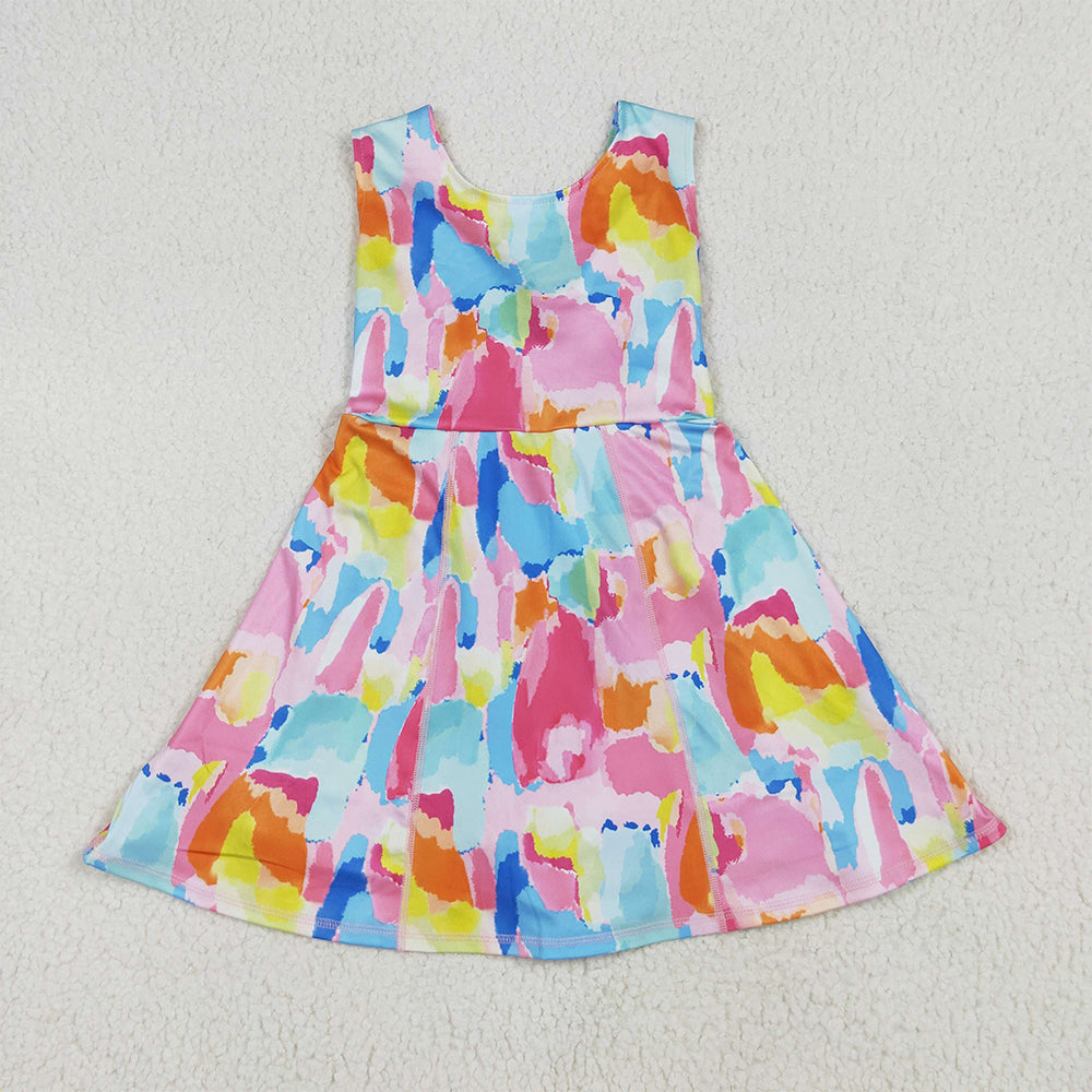 RTS NO MOQ Sibling milk silk Baby Girls Short Sleeves Tie‑dye Print Pockets Ruffle Knee Length Dresses
