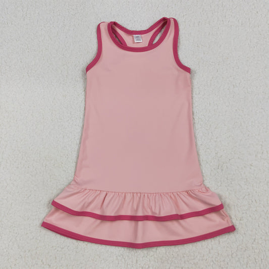 RTS NO MOQ （In stock） GSD2630 Baby Girls Summer Dress Baby Girls Pink Sleeveless Ruffle Yoga Knee Length Dresses