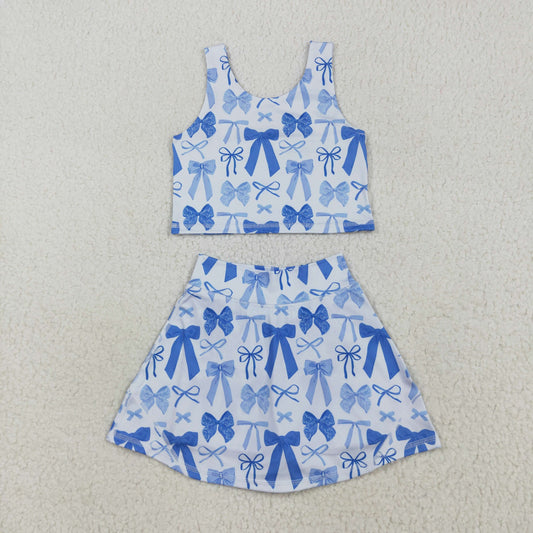 RTS NO MOQ （In stock）GSD2640 Baby Girls Yoga Outfits Baby Girls Sleeveless Blue Bows Vest Top Short Skirts Yoga Sets