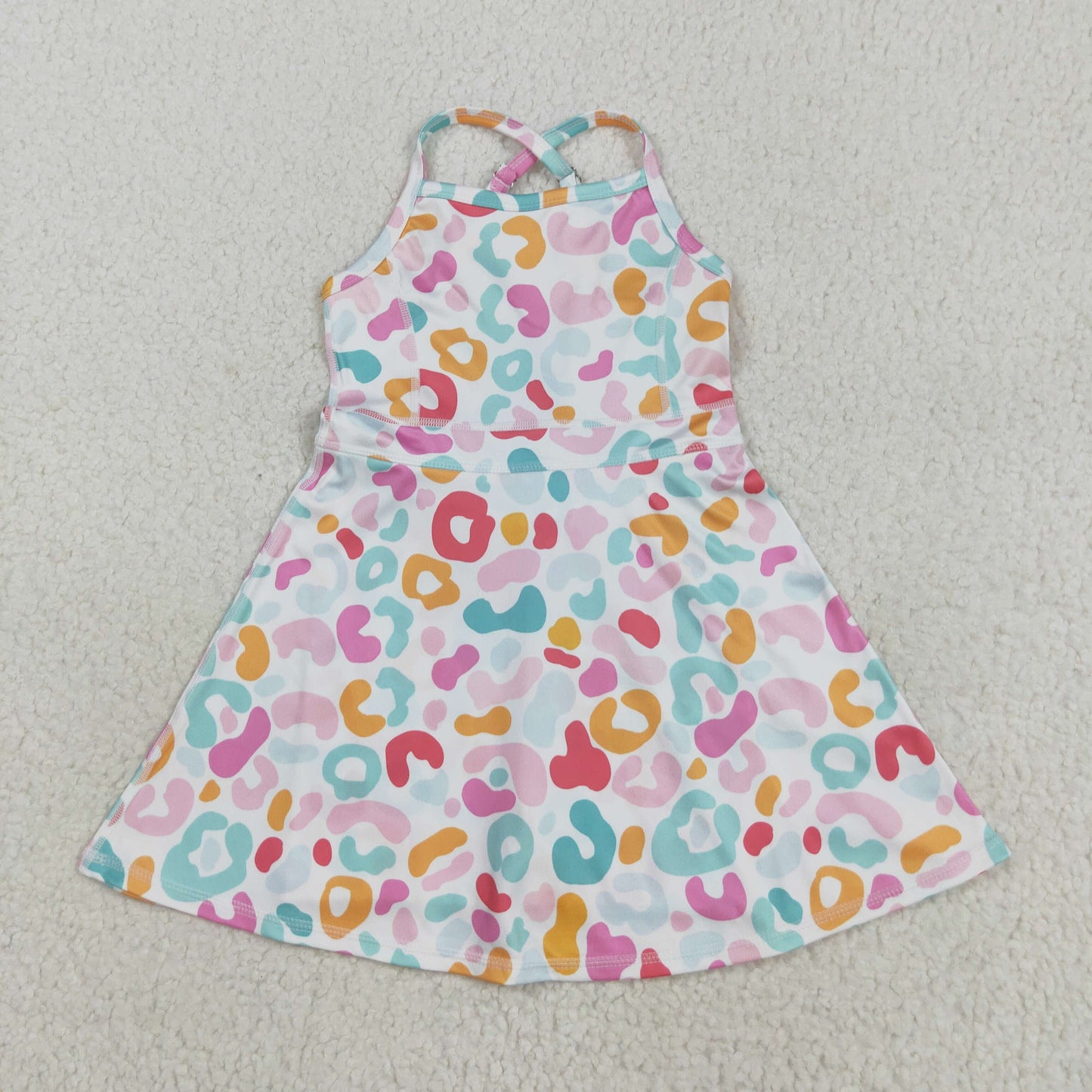 8.20 RTS NO MOQ （In stock）GSD2645 Baby Girls Summer Yoga Dress Baby Girls Strap Pink Green Leopard Shorts Knee Length Dresses