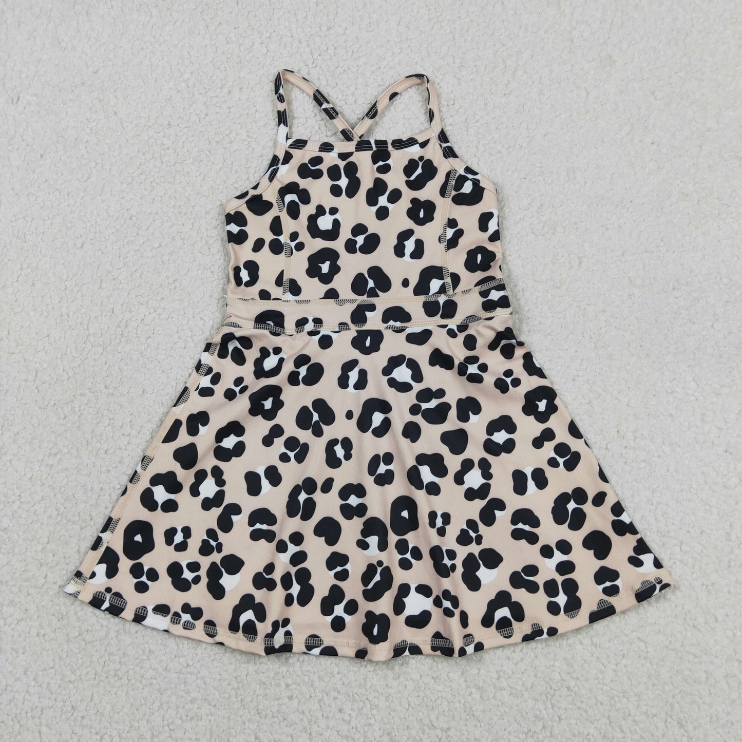GSD2650 RTS NO MOQ （In stock ）Straps khaki leopard kids girls athletic dressese