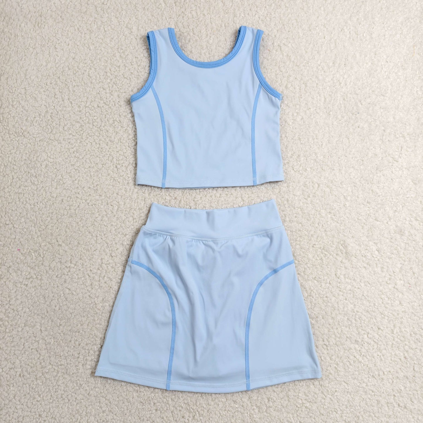 GSD2674 RTS NO MOQ （In stock）Baby Girls Sleeveless Sky Blue Vest Top Skirts Set