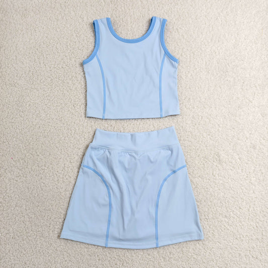 GSD2674 RTS NO MOQ （In stock）Baby Girls Sleeveless Sky Blue Vest Top Skirts Set