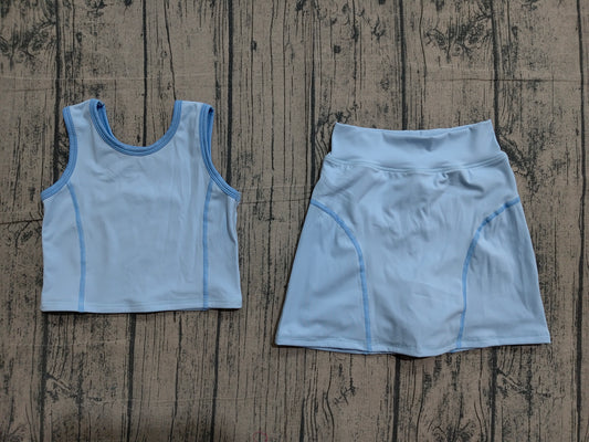 4.2 GSD2674 Sample No Moq Baby Girls Sleeveless Sky Blue Vest Top Skirts Set