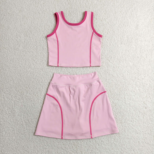 GSD2675 RTS NO MOQ （In stock）Baby Girls Pink Sleeveless Vest Top Skirt Shorts Yoga Active Clothes Set