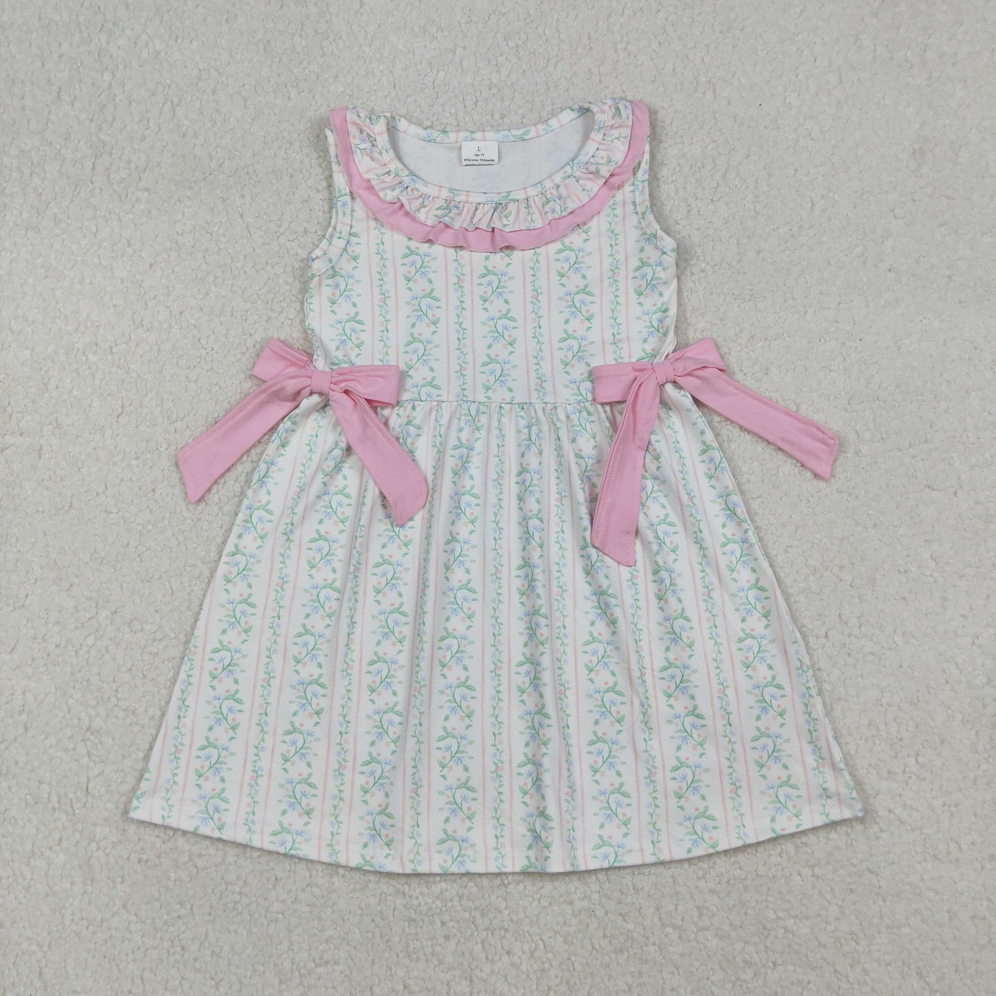 RTS NO MOQ （In stock）GSD2678  Baby Girls Summer Dress Pink Floral Stripe Bows Knee Length Dresses