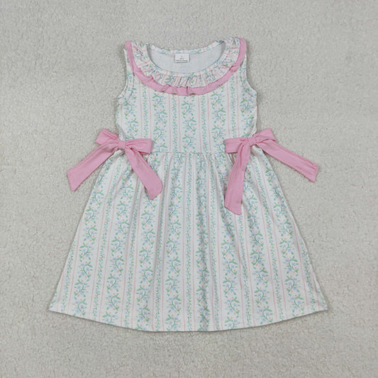 RTS NO MOQ （In stock）GSD2678  Baby Girls Summer Dress Pink Floral Stripe Bows Knee Length Dresses