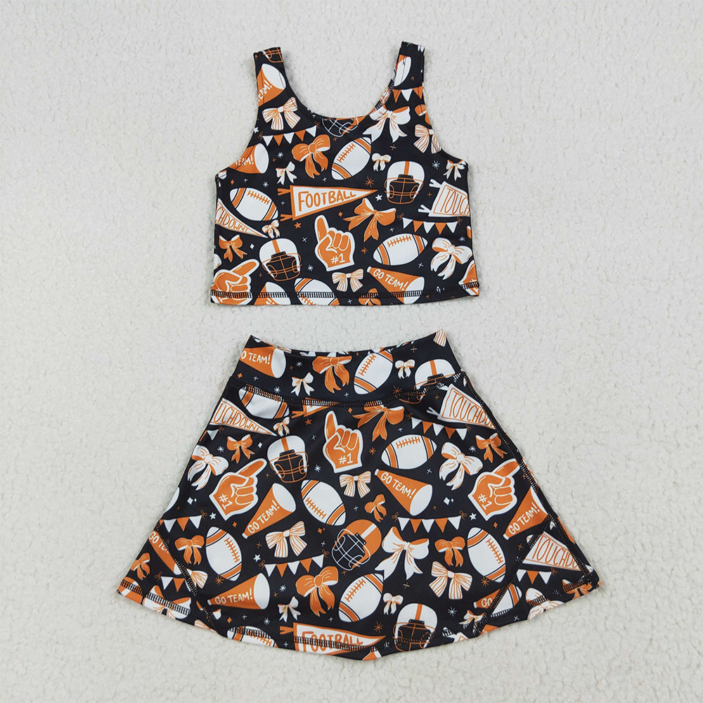 USA Shop (in stock) GSD2687 Baby Girls Yoga Outfits Baby Girls Team Orange Football Bows Vest Top Short Skirts Yoga Sets