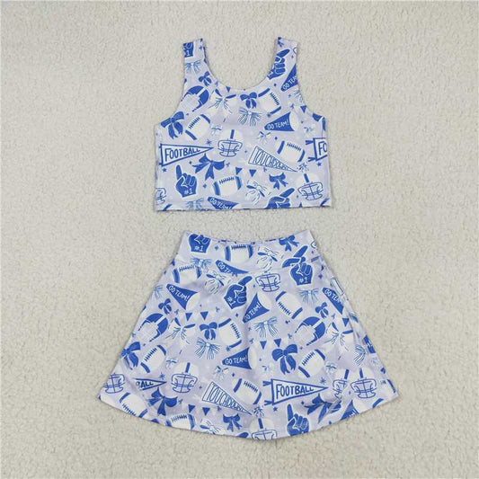 USA Warehouse (IN STOCK) GSD2688 Girls Blue Bow Football Top Skirt Set Team Activewear Uniform for Sports Games And Team Competitions