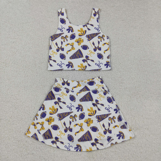 RTS NO MOQ （In stock）GSD2690 Baby Girls Yoga Sets Baby Girls Purple Footballs Bows Plaid Vest Top Skorts Team Yoga Active Set