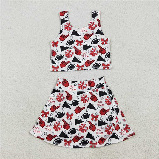 USA Warehouse (IN STOCK) GSD2693 Girls Red Bow Football Top Skirt Set Team Activewear Uniform Short Sleeve Outfit for Sports And Fitness