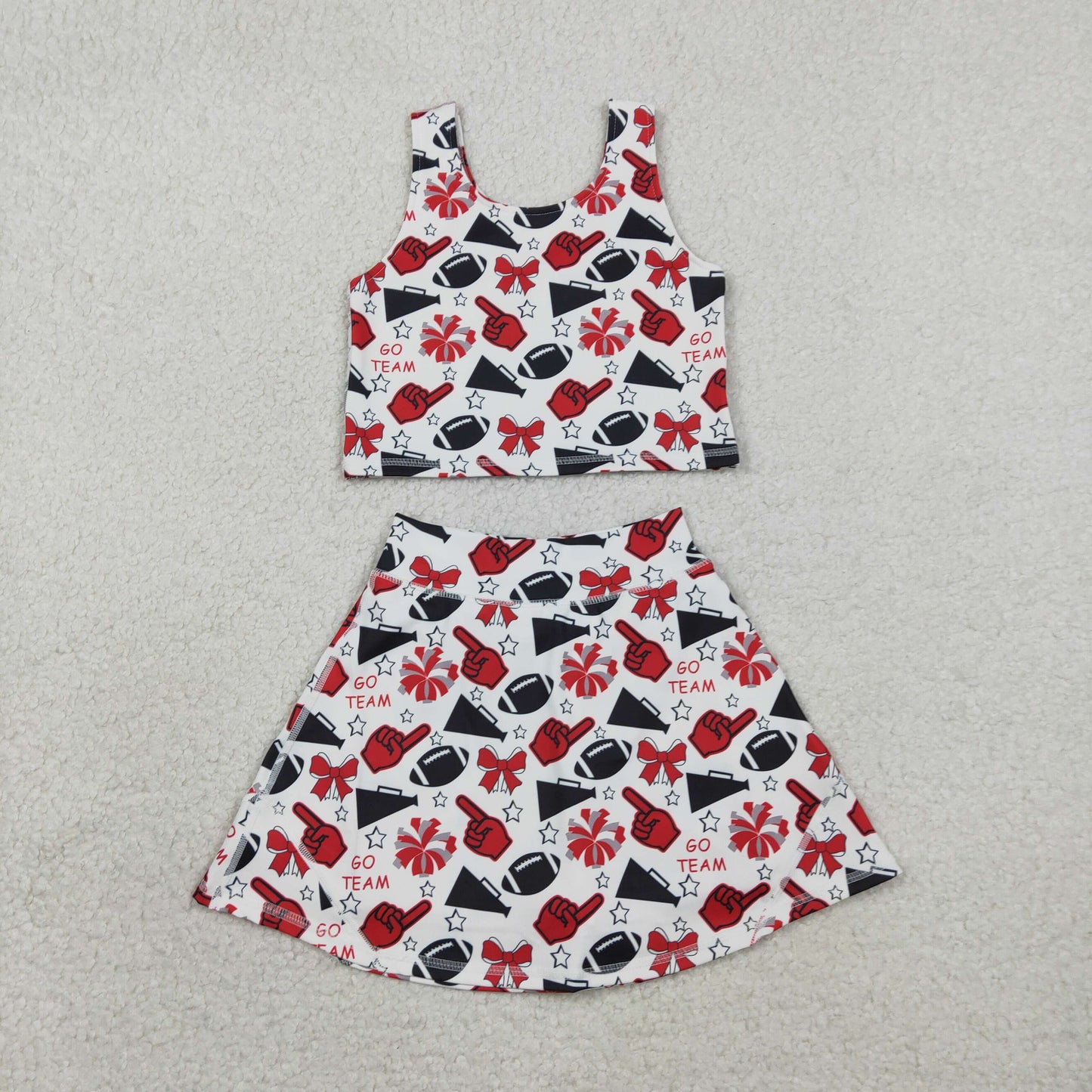 2.3 RTS NO MOQ （In stock）GSD2693 Baby Girls Team Red Football Bows Vest Top Short Skirts Yoga Sets