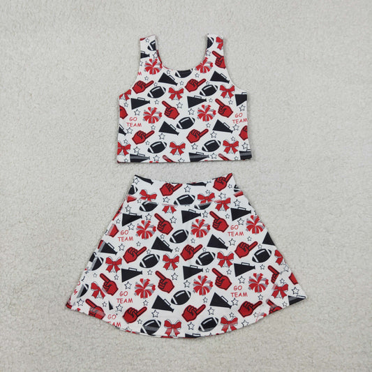 2.3 RTS NO MOQ （In stock）GSD2693 Baby Girls Team Red Football Bows Vest Top Short Skirts Yoga Sets