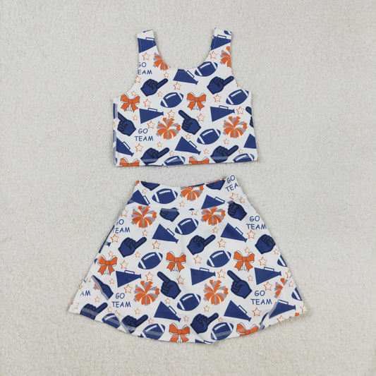 RTS NO MOQ （In stock）GSD2694 Baby Girls Yoga Sets Team Navy Footballs Yoga Sets Vest Top Short Skirts Fitness Clothing