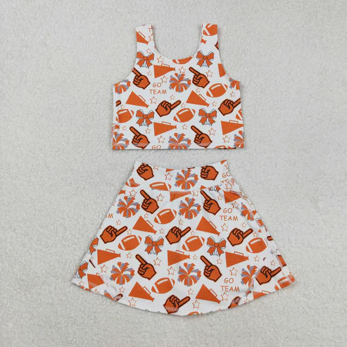9.19 RTS Sibling Baby Girls Go Team Footballs Bows Yoga Skorts Set Button Shorts Pajamas Set