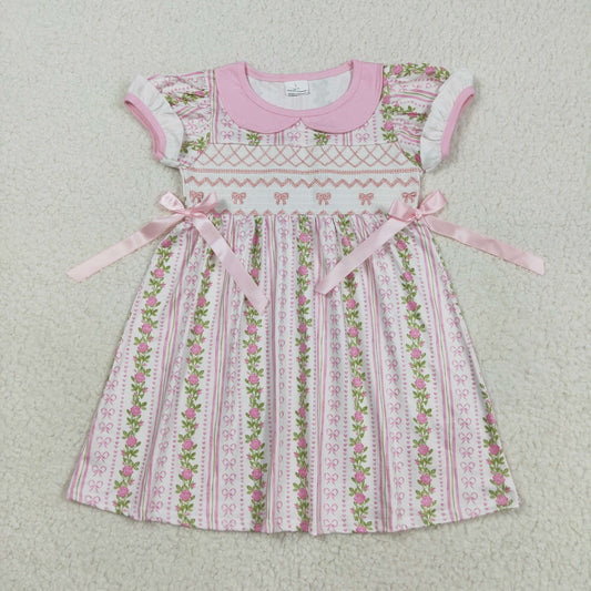RTS NO MOQ （In stock）GSD2717 Baby Girls Summer Dress Smocked Embroidery Bows Baby Girls Flowers Stripe Knee Length Dresses
