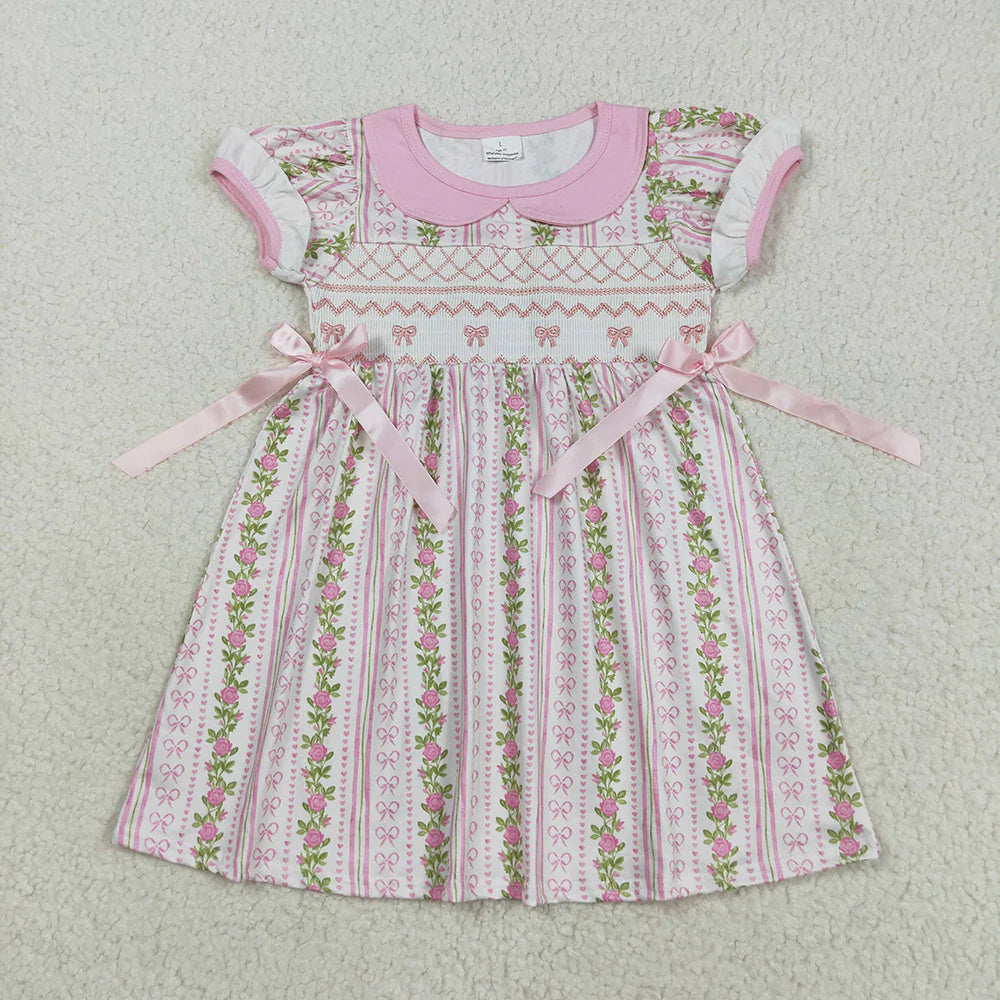 9.29  RTS Smocked Embroidery Bows Baby Girls Flowers Stripe Knee Length Dresses Ruffle Rompers