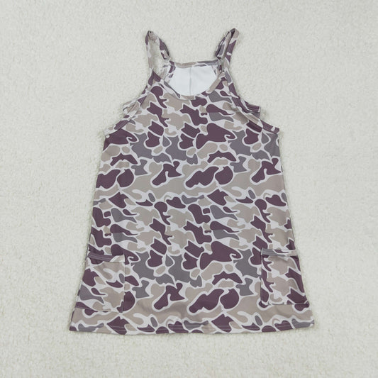RTS NO MOQ （In stock）GSD2719 Baby Girls Yoga Dress Gray Camo Knee-Length Dress with Pockets Strap Yoga Dress for Girls