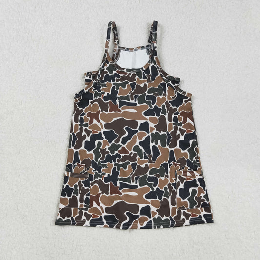 RTS NO MOQ （In stock）GSD2721 Baby Girls Yoga Dress Strap Dark Brown Camouflage Knee-Length Yoga Dress