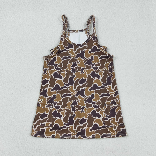 RTS NO MOQ （In stock）GSD2722 Baby Girls Yoga Dress Strap Brown Camo Pockets Yoga Active Knee Length Dresses