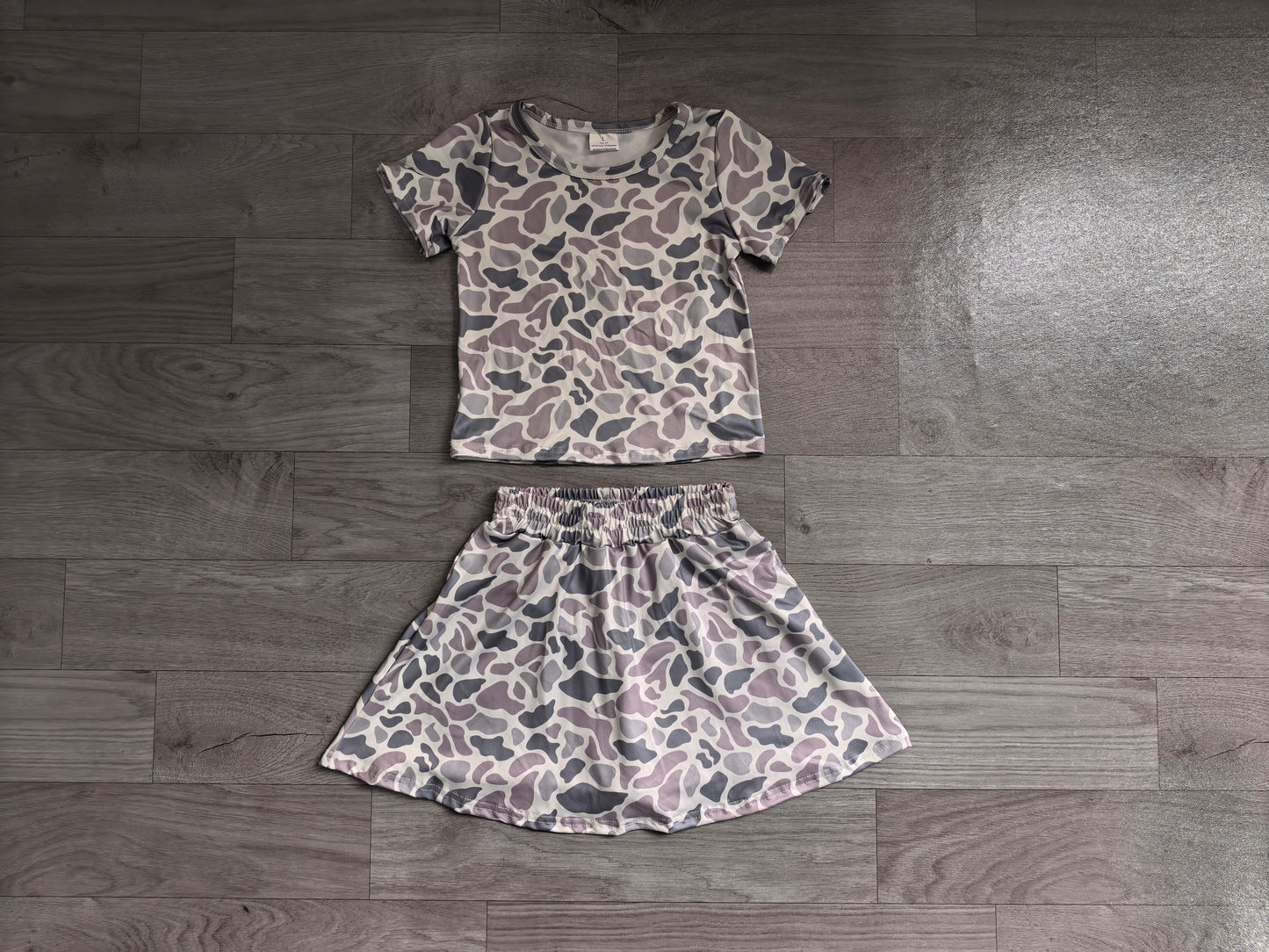 GSD2724 Sample No Moq Baby Girls Short Sleeves Gray Camo Top Skorts Set Set