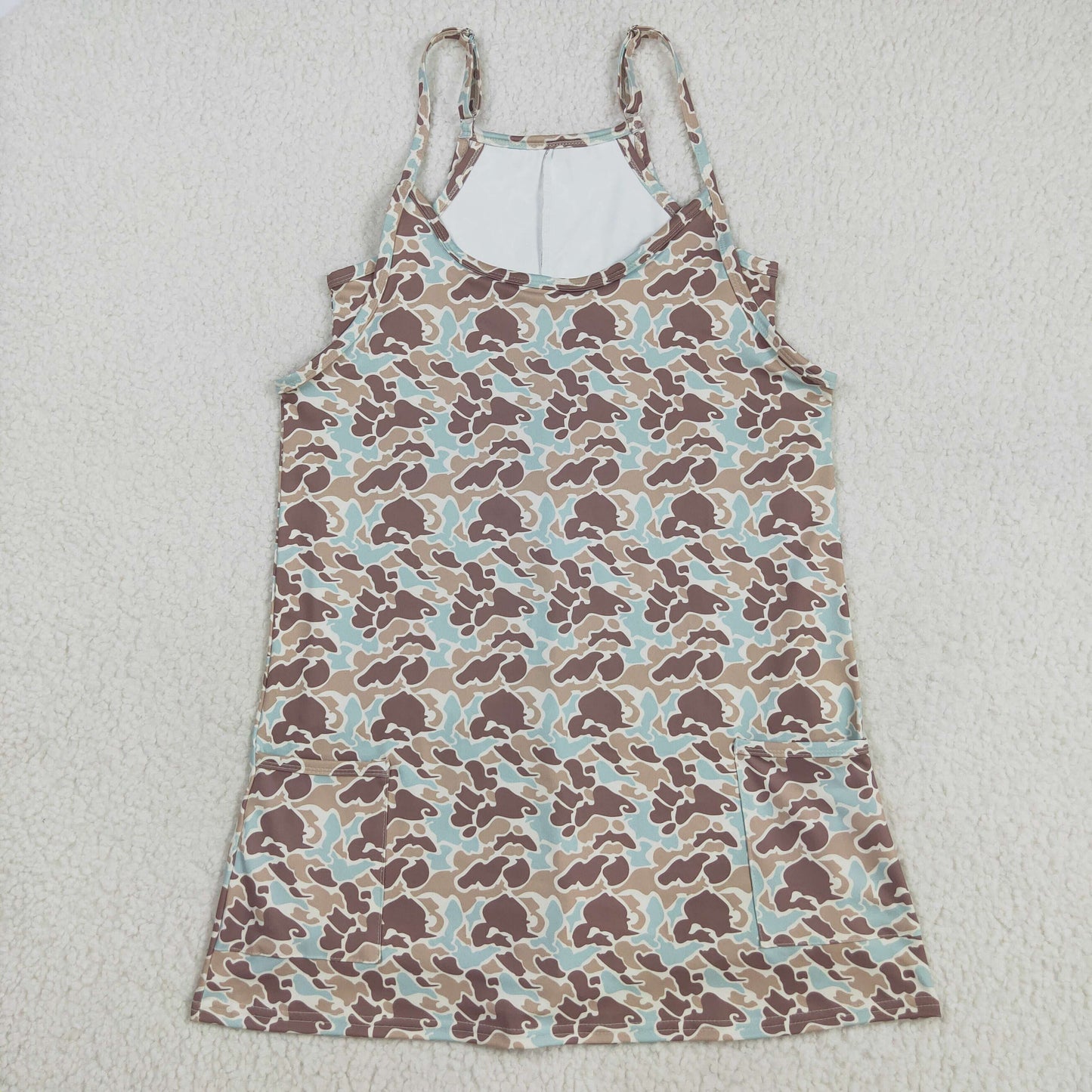 8.22 RTS NO MOQ （In stock）GSD2734 Adult Women Western Khaki Camo Strap Pockets Yoga Activity Shorts Dresses