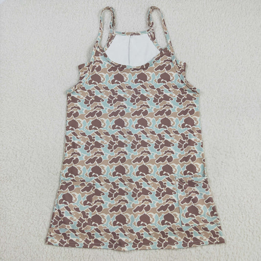 8.22 RTS NO MOQ （In stock）GSD2734 Adult Women Western Khaki Camo Strap Pockets Yoga Activity Shorts Dresses