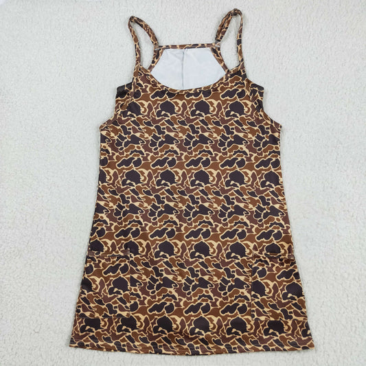 8.21 RTS NO MOQ （In stock）GSD2735 Adult Women Strap Brown Camo Pockets Yoga Active Shorts Dresses
