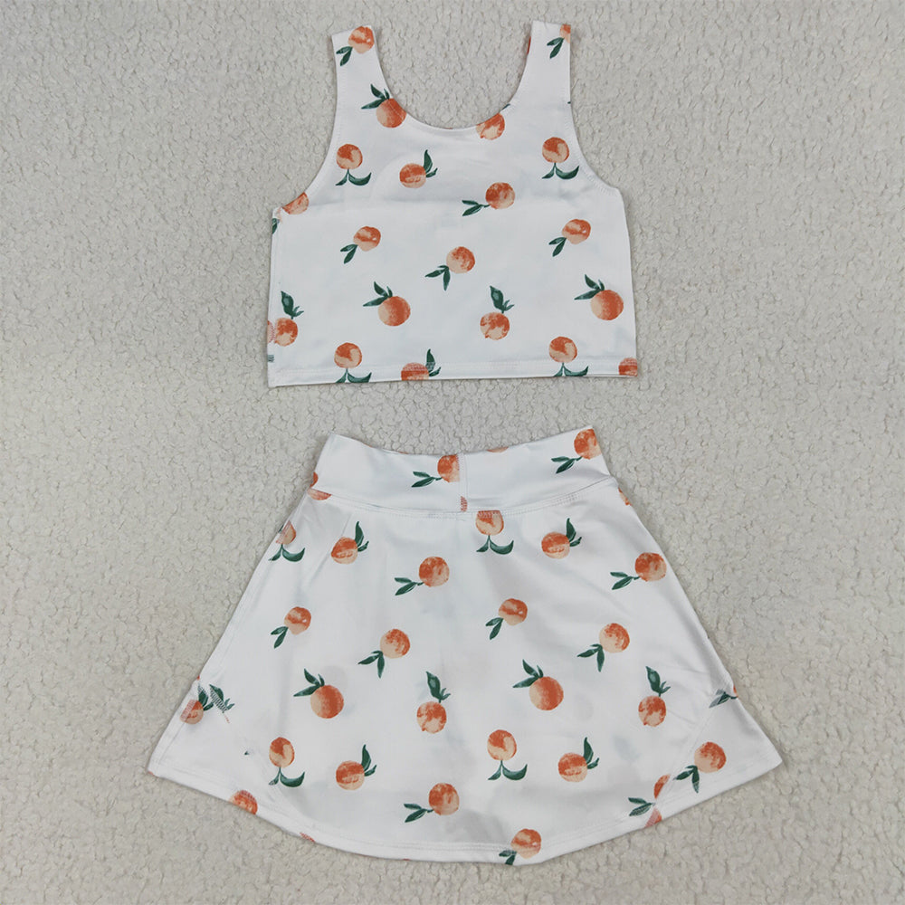 RTS NO MOQ （In stock）GSD2738 Baby Girls Yoga Outfits Baby Girls Summer White Peach Top Skirts Active Wear Clothes Sets