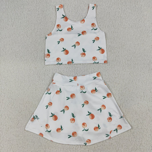 RTS NO MOQ （In stock）GSD2738 Baby Girls Yoga Outfits Baby Girls Summer White Peach Top Skirts Active Wear Clothes Sets