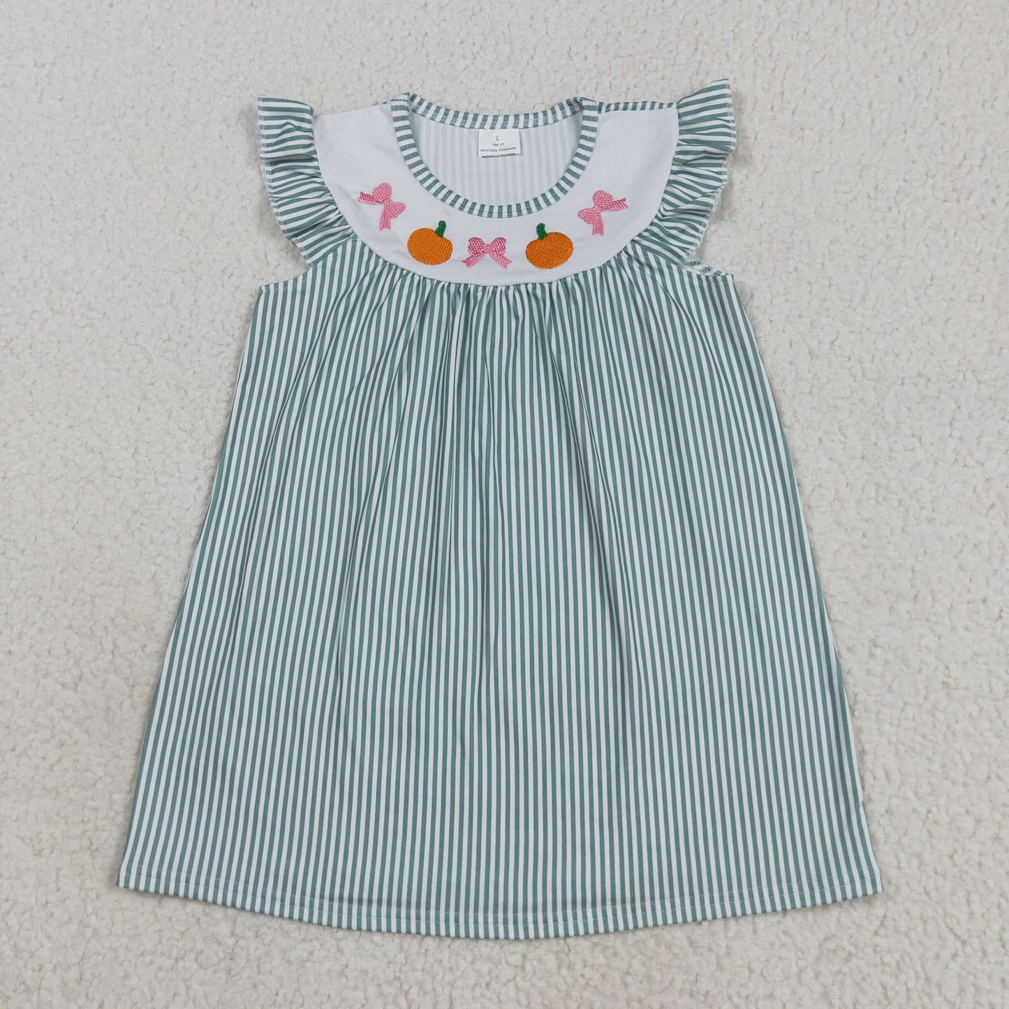 8.27 RTS NO MOQ （In stock）GSD2746 Baby Girls Summer Dress Embroidery Baby Girls Green Stripe Bows Pumpkins Fall Knee Length Dresses