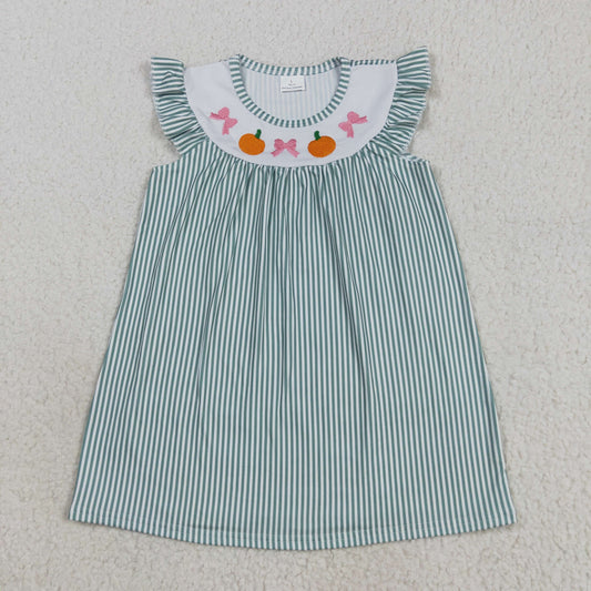 8.27 RTS NO MOQ （In stock）GSD2746 Baby Girls Summer Dress Embroidery Baby Girls Green Stripe Bows Pumpkins Fall Knee Length Dresses