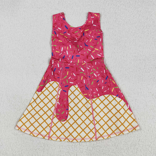 RTS NO MOQ （In stock）GSD2747 Baby Girls Summer Yoga Dress Baby Girls Darkpink Drip Sprinkles Team Yoga Active Knee Length Dresses