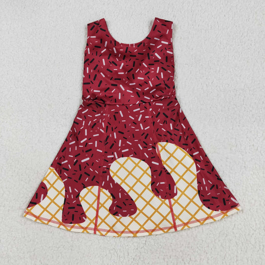 RTS NO MOQ （In stock）GSD2749 Baby Girls Summer Yoga Dress Baby Girls Dark Red Drip Sleeveless Shorts Team Yoga Active Knee Length Dresses