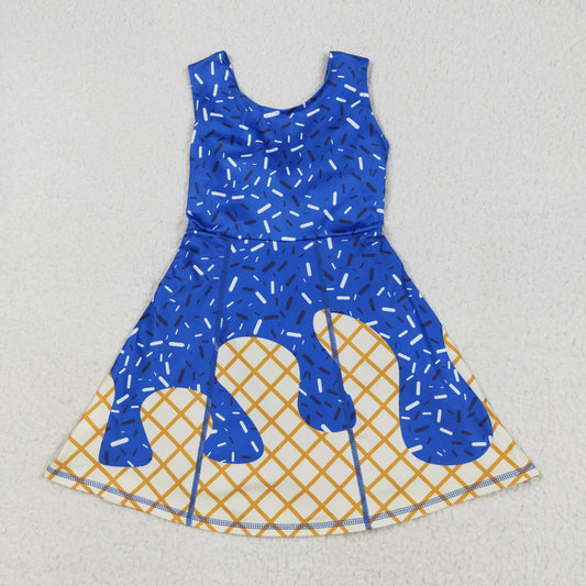 RTS NO MOQ （In stock）GSD2751 Baby Girls Summer Yoga Dress Baby Girls Royal Blue Drip Sprinkles Team Yoga Active Knee Length Dresses
