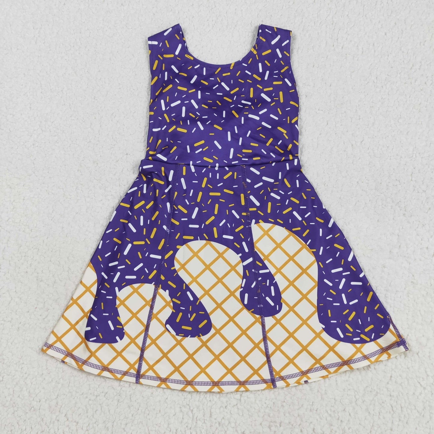 RTS NO MOQ （In stock）GSD2752 Baby Girls Summer Yoga Dress Baby Girls Purple Drip Sleeveless Shorts Team Yoga Active Knee Length Dresses
