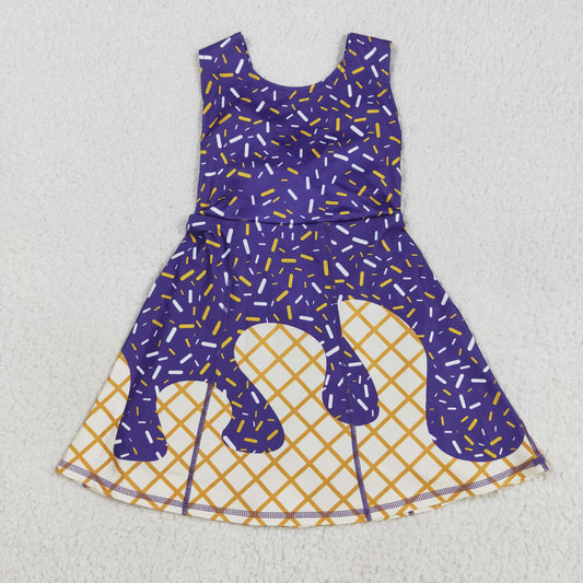 RTS NO MOQ （In stock）GSD2752 Baby Girls Summer Yoga Dress Baby Girls Purple Drip Sleeveless Shorts Team Yoga Active Knee Length Dresses