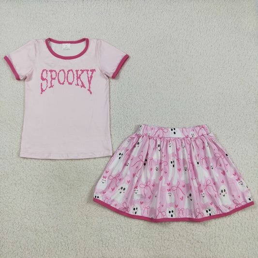 RTS NO MOQ （In stock）GSD2776Baby Girls Skirt Sets Baby Girls Pink Spooky Top Ghosts Bows Plaid Skorts Halloween Set