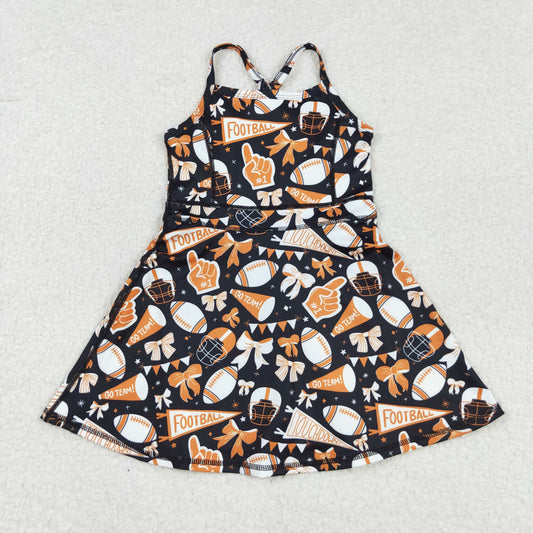RTS NO MOQ （In stock）GSD2777 Baby Girls Yoga Dress Baby Girls Strap Bows Footballs Shorts Team Yoga Active Knee Length Dress